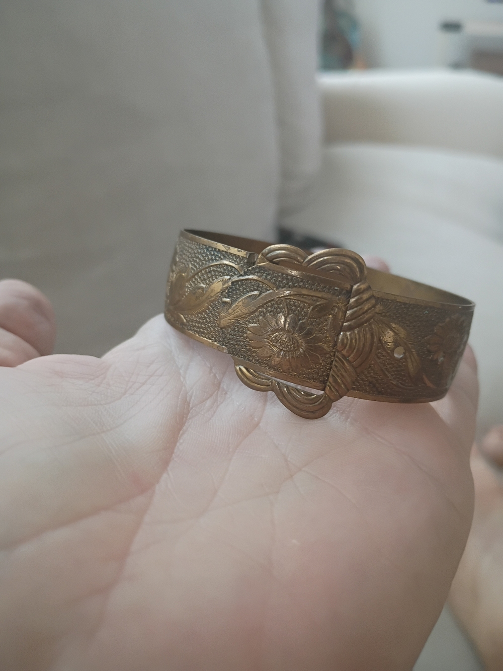 Rare Antique Floral Engraved Brass Cuff Bracelet - Gold Tone